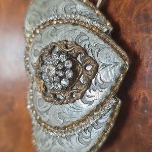Silver and Gold Heart Belt Buckel with Rhinestones. C&J Inc Is Buckel Maker.